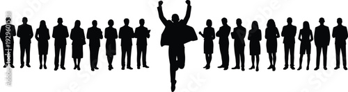 Large collection of black silhouettes featuring a successful business man jumping with joy in front of a diverse corporate team isolated on white background