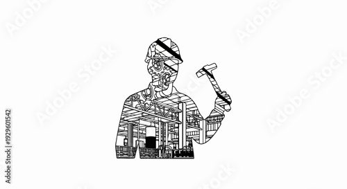 Silhouette of worker with industrial interior and gears inside