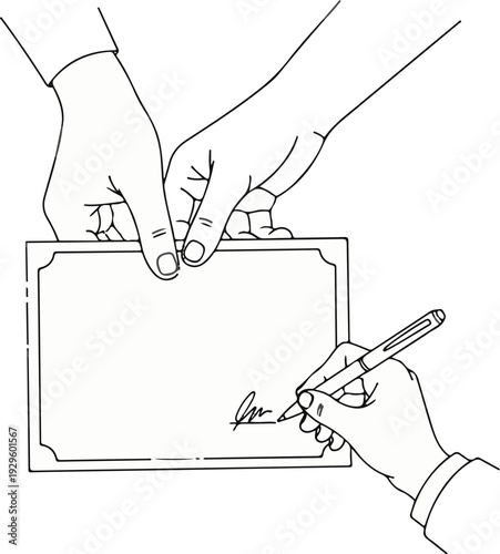 Hands present and sign a document with a pen