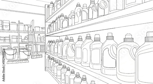 A line drawing of a storage room with shelves filled with cleaning supplies and tools