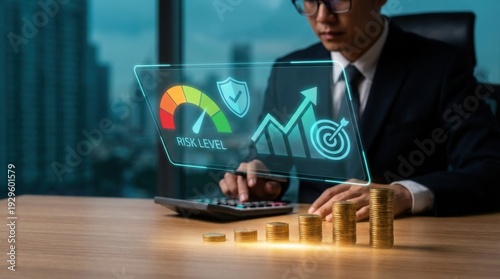 Business professional analyzing risk levels on a glowing digital screen with a risk gauge and upward trending graph, stacks of coins on the desk.