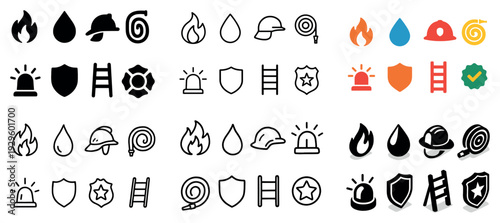 Icons show fire safety and emergency response