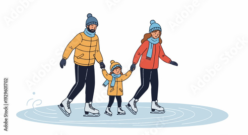 A family of three holds hands while ice skating on a frozen pond in winter