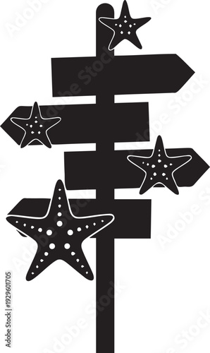 Wooden directional signpost silhouette decorated with starfish for beach themes and coastal navigation for tropical vacations