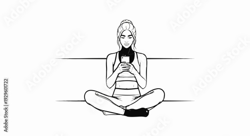 Woman in athletic wear sitting cross-legged, looking at her phone