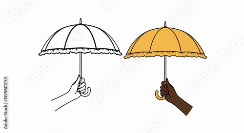 Hand holding a closed umbrella, next to a second hand holding a colored umbrella
