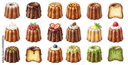A charming watercolor collection of canele desserts, including classic caramelized cakes, chocolate glaze, pistachio, and berry toppings.