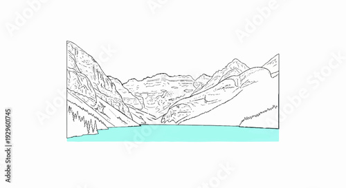 A black and white sketch of a vast mountainous landscape with a blue lake