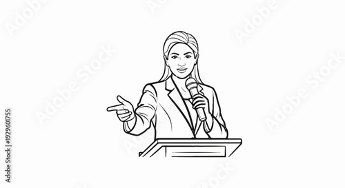 A woman in a suit speaks into a microphone at a podium