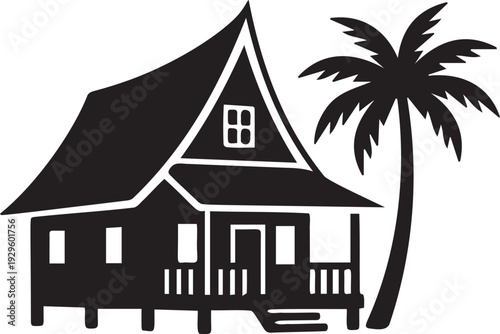 Tropical beach house silhouette with palm tree for summer resort branding and coastal living themes including wooden bungalow