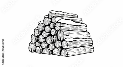 Stacked logs, partially covered in snow, rendered in a black and white sketch style