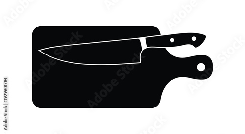 A striking black silhouette depicts a cutting board with a chef s knife resting upon it a culinary tool silhouette