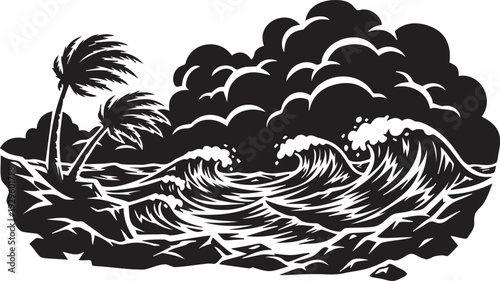 Dramatic ocean waves silhouette with palm trees and stormy clouds for coastal weather and marine landscape designs for summer