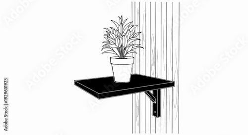 A potted plant sits on a black shelf mounted to a wooden wall