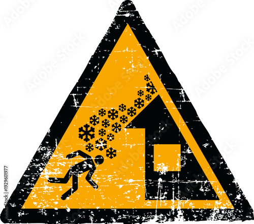 Grunge roof avalanche warning sign worn scratched ISO 7010 W040 hazard symbol