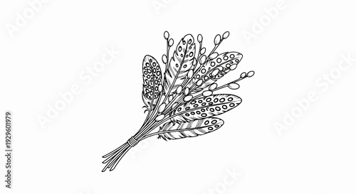 Delicate bouquet of spotted feathers and pussy willow buds tied with string