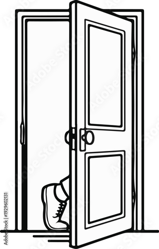 A single foot with a shoe steps through an open doorway into a room