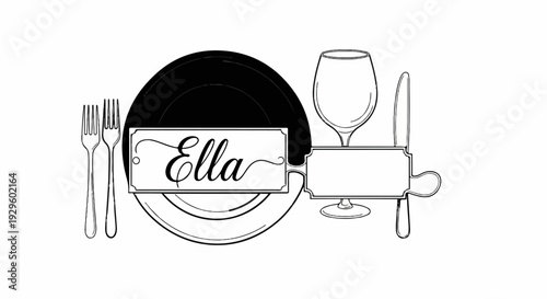 A place setting with forks, a wine glass, knife, and plate, featuring the name "Ella
