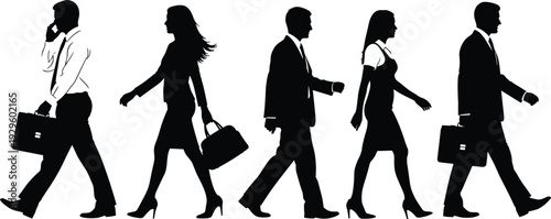 Business people walking silhouettes, professional men and women with briefcases in motion, black vector illustration isolated