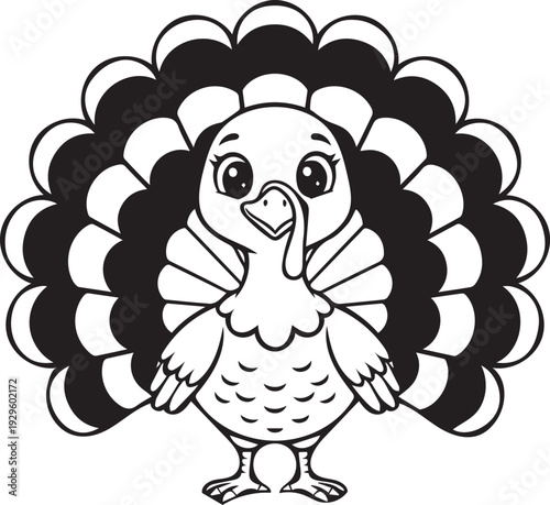 Cute Cartoon Turkey Black and White Coloring Page Vector Illustration