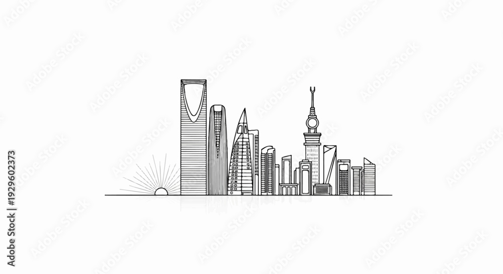 Fototapeta premium Stylized line drawing of a modern city skyline at sunrise, featuring distinct skyscrapers