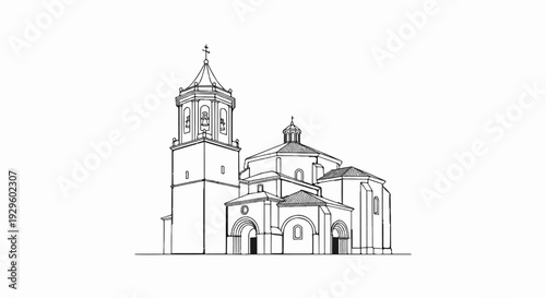 A line drawing depicts a large, detailed church structure with a prominent bell tower and dome
