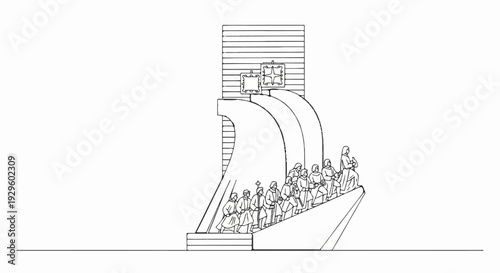 Stylized monument with figures on a ship-like structure and two square emblems