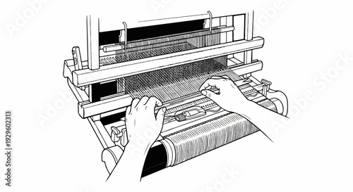 Hands operating a loom, weaving threads into fabric