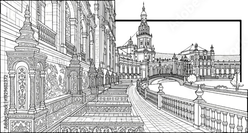 Ornate building with elaborate architectural details and a canal