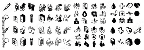Medical and health symbols in black outlines