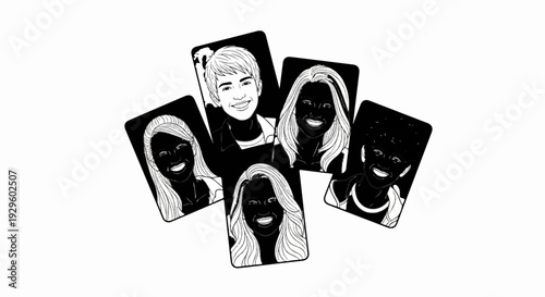 A group of diverse people's portraits are displayed on cards