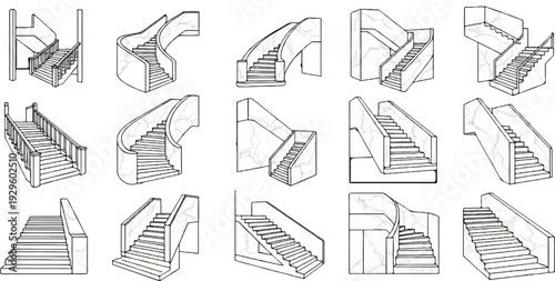 A collection of 15 distinct architectural staircase designs, rendered in a line art style