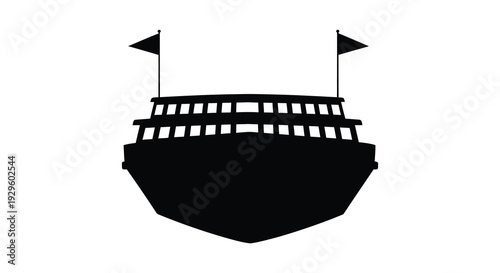 A stark black silhouette of a vintage paddle steamer with flags atop its structure evoking nostalgia high quality professional