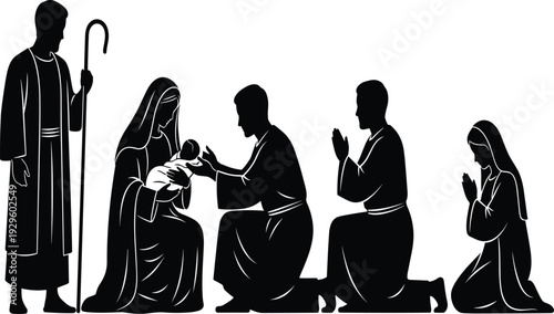 Nativity Scene Silhouette Featuring Virgin Mary Holding Baby Jesus Joseph And Three Wise Men Praying Isolated On White Background For Christmas