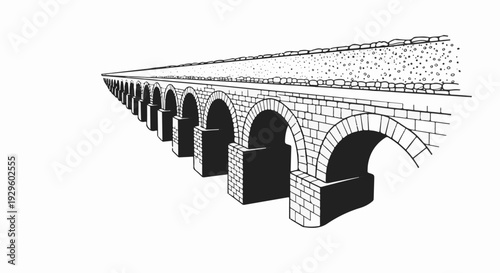 Ancient stone aqueduct with repeating arches receding into the distance