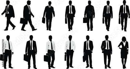 Businessman silhouettes walking with briefcase, corporate professionals in formal suits isolated office career illustration collection set