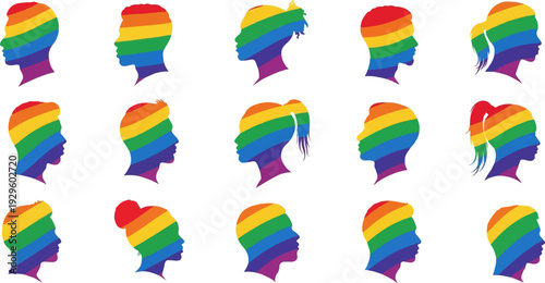 Diverse human profiles in rainbow hues represent unity and pride