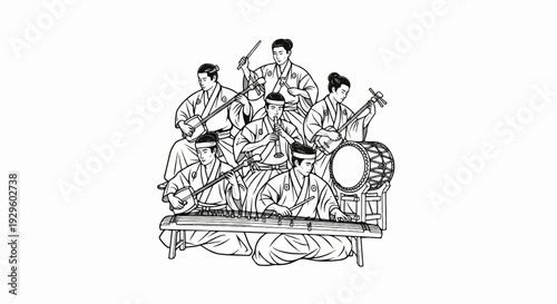 A traditional ensemble of men in Japanese attire plays various instruments