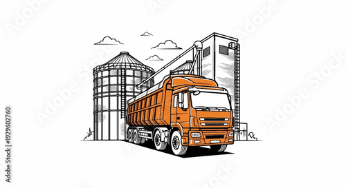 Orange truck at grain silos and industrial building with clouds overhead