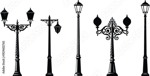 Vintage street lamps and ornate wrought iron lamp posts silhouette set, classical urban outdoor lighting, cad drawing flat vector illustration