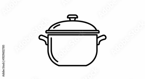A simple black outline drawing of a cooking pot with handles and a lid