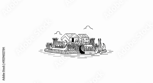 Floating island with reed houses and traditional boats on water