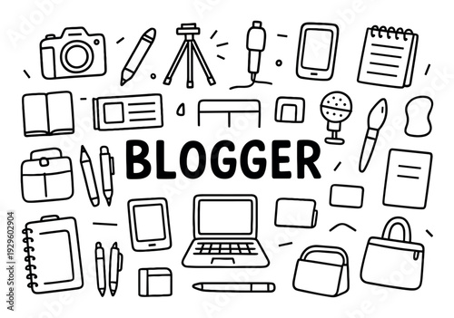 Hand drawn blogging and content icons collage