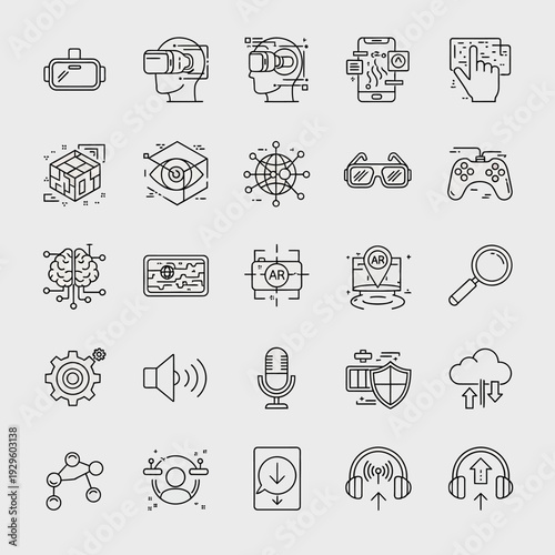 Augmented Reality and Virtual Reality Technology Line Icons Set.