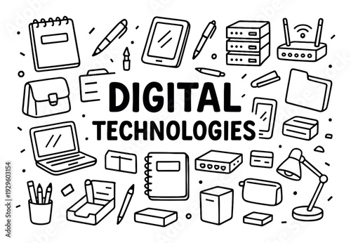 Digital technologies icons with laptop router doodle