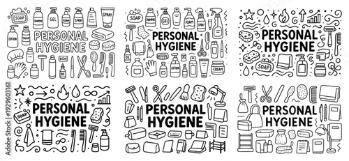 Hand drawn personal hygiene doodle patterns in black