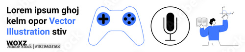 Digital technology, gaming, podcasting, education, entertainment, communication. Gaming controller, microphone icon scientist holding charts. Gaming and podcasting are key digital trends explored