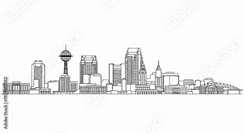 Detailed black and white line drawing of a city skyline with diverse architectural styles