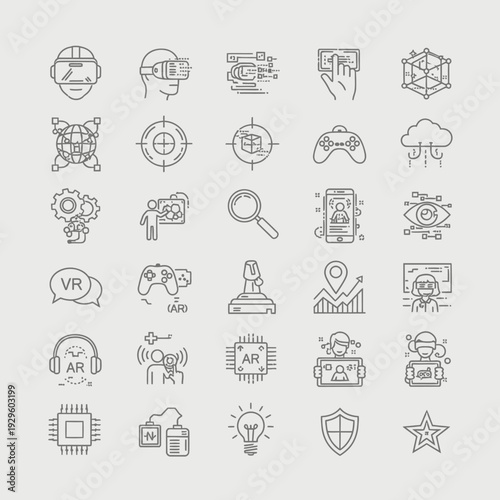 Augmented Reality and Virtual Reality Technology Line Icons Set.