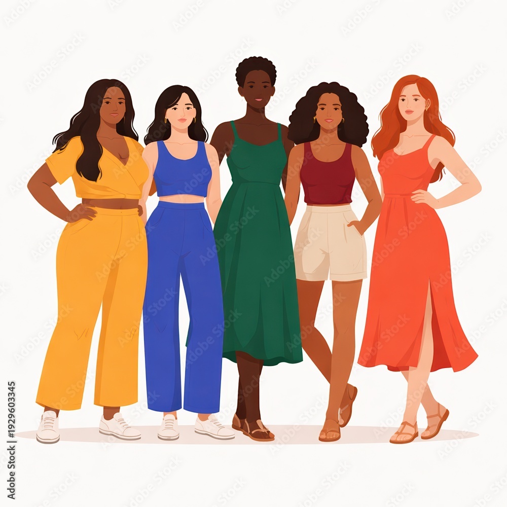 Fototapeta premium Five Diverse Women Standing Summer Outfits Flat Vector Illustration White Background Horizontal